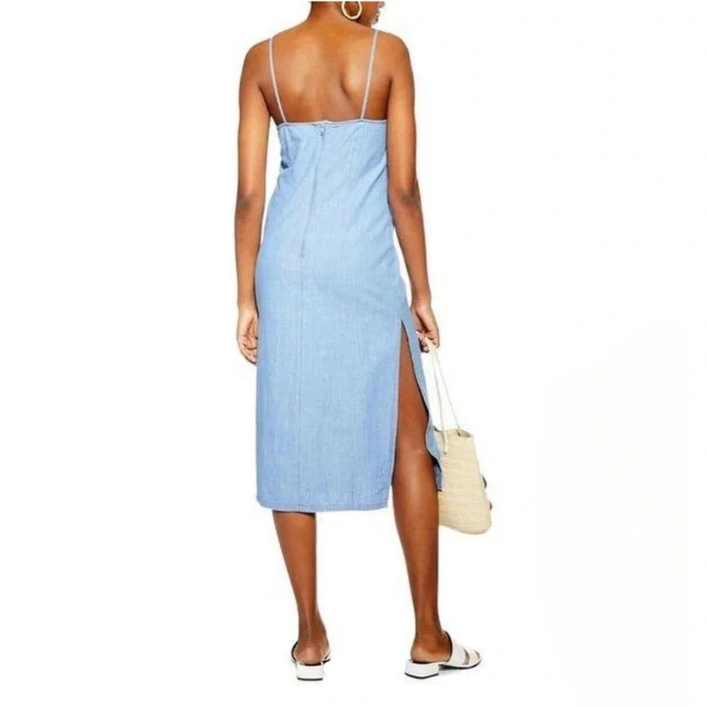 Topshop Chambray Midi Spaghetti Strap High Leg Slit Dress Front Knot Size 2 - Picture 2 of 9